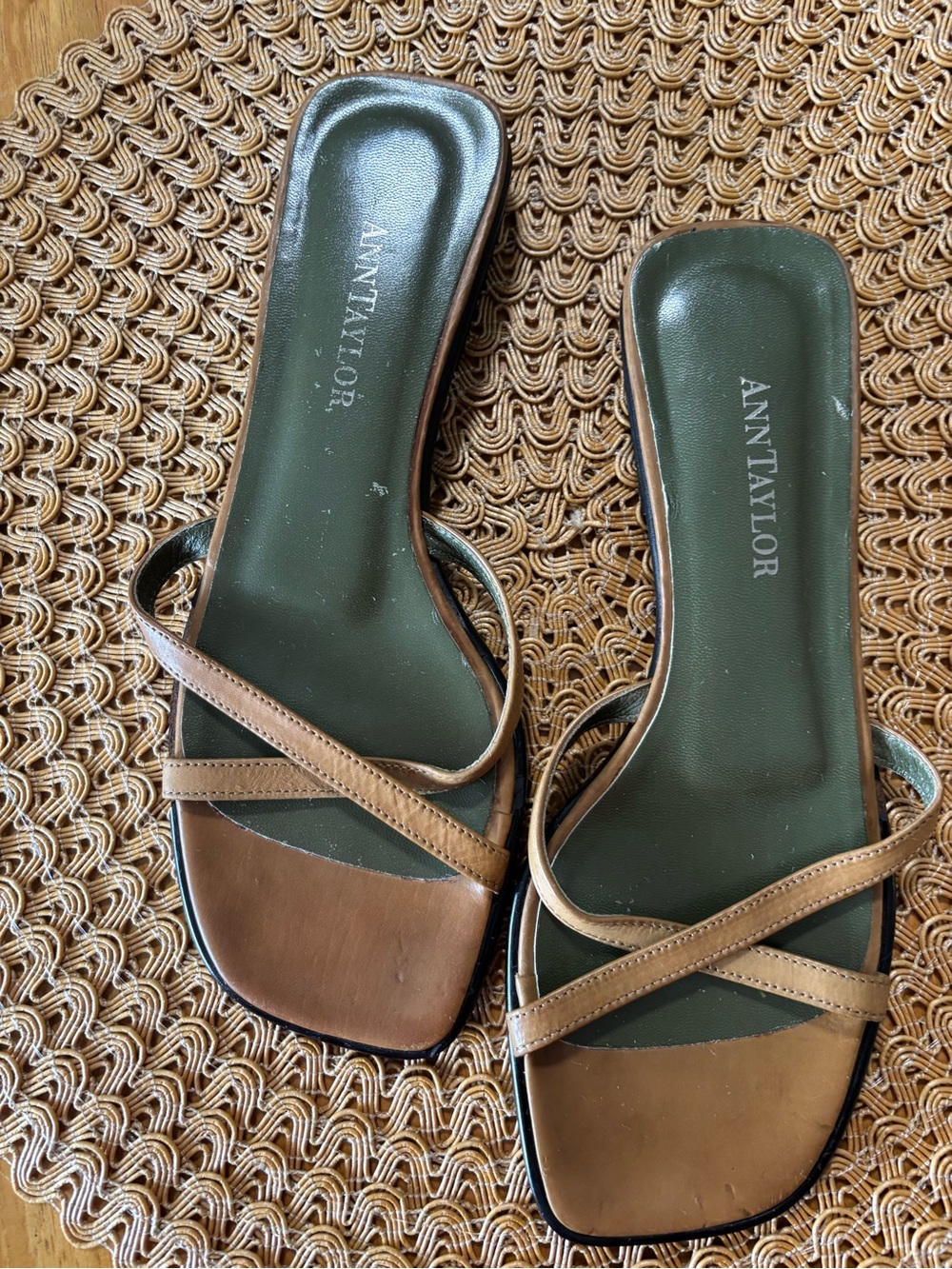 Ann Taylor Brown Leather Cross-Strap Slide Mules